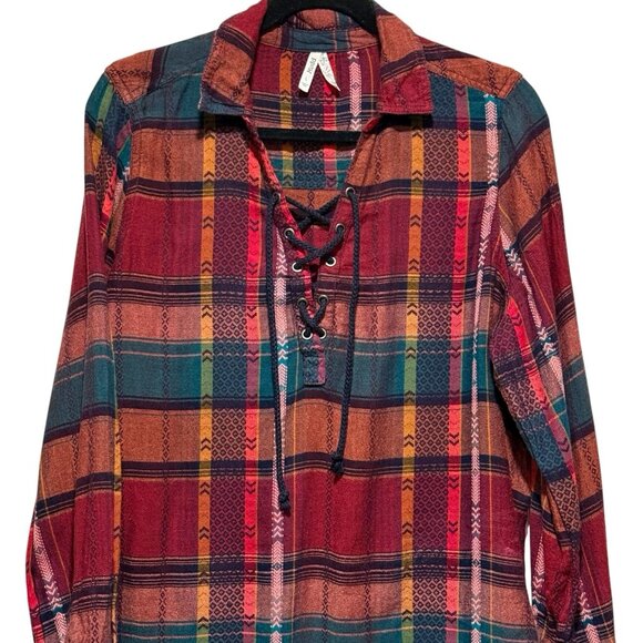 MUDD Y2K Burgundy Plaid Flannel Lace-Up Womens Boho Peasant Top Size Large - Picture 2 of 10